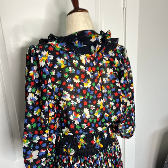 VTG Assorti Susan Freis Dress XS Black V-Neck Ruffle Floral Midi Smocked Blouson - Picture 7 of 12